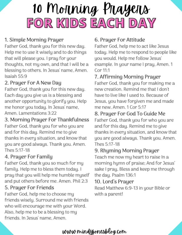 morning prayers for kids printable